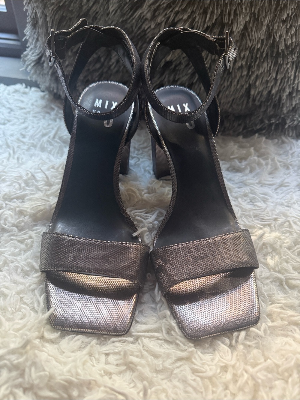Mix No. 6 Metallic Charcoal Ankle Strap Block Heels